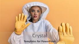  Presentation with panic - Presentation theme featuring beautiful-blonde-caucasian-woman-wearing background and a yellow colored foreground