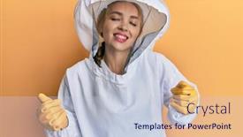  Presentation with winner - PPT theme having beautiful-blonde-caucasian-woman-wearing background and a lemonade colored foreground