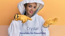  Presentation with finger - PPT theme enhanced with beautiful-blonde-caucasian-woman-wearing background and a lemonade colored foreground