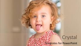  Presentation with blue eyes - Slides having beautiful blonde child with blue eyes smiling with tongue out at home background and a coral colored foreground