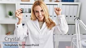  Presentation with dentist - Theme consisting of beautiful-blonde-dentist-woman-holding background and a sky blue colored foreground