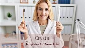  Presentation with dentist - PPT layouts having beautiful-blonde-dentist-woman-holding background and a coral colored foreground