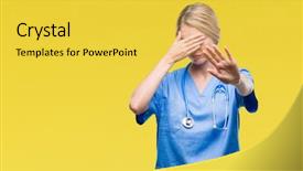  Presentation with black eye doctor - Beautiful slide deck featuring beautiful blonde doctor surgeon nurse backdrop and a  colored foreground