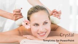  Presentation with herbal - Presentation theme consisting of beautiful blonde enjoying a herbal compress massage at the health spa background and a coral colored foreground