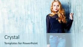  Presentation with clothing wooden clothes hanger object - Amazing presentation design having beautiful blonde girl in jeans backdrop and a  colored foreground