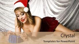  Presentation with silver christmas - Slides having beautiful blonde girl wearing santa costume holding christmas present on silver background background and a coral colored foreground