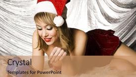  Presentation with silver christmas - PPT layouts featuring beautiful blonde girl wearing santa costume holding christmas present on silver background background and a coral colored foreground