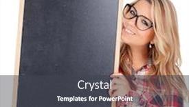  Presentation with glasses - Theme having beautiful blonde girl with glasses holding a slate isolated on a white background background and a dark gray colored foreground