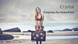  Presentation with luggage - Cool new slides with beautiful blonde girl with her luggage on a beach backdrop and a light gray colored foreground