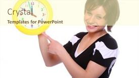  Presentation with brochure - Beautiful presentation design featuring beautiful blonde holding funny clock conceptual image great for tourist trade brochure and advertising - last minute concept backdrop and a cream colored foreground