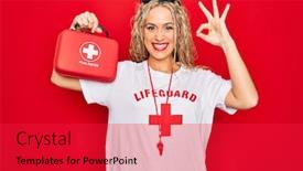  Presentation with first aid kit - Presentation theme with beautiful-blonde-lifeguard-woman-wearing background and a red colored foreground