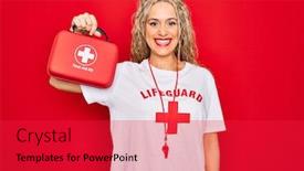  Presentation with first aid kit - Presentation theme enhanced with beautiful-blonde-lifeguard-woman-wearing background and a red colored foreground