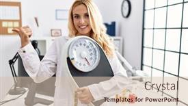  Presentation with weight loss - Slide set having beautiful-blonde-nutritionist-woman-holding background and a lemonade colored foreground