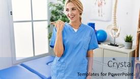  Presentation with face pain - Presentation theme enhanced with beautiful-blonde-physiotherapist-woman-working background and a light blue colored foreground