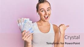  Presentation with blonde holds a magnifying glass - Theme featuring beautiful-blonde-sport-woman-holding background and a coral colored foreground