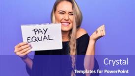  Presentation with pay - Audience pleasing PPT theme consisting of beautiful-blonde-woman-asking backdrop and a royal blue colored foreground