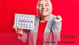  Presentation with celebrate office success - Theme with beautiful-blonde-woman-controlling-menstruation background and a red colored foreground