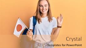  Presentation with student exchange - Theme having beautiful-blonde-woman-exchange-student background and a yellow colored foreground