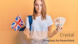  Presentation with student exchange - Slide set featuring beautiful-blonde-woman-exchange-student background and a yellow colored foreground