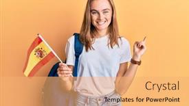  Presentation with student exchange - Cool new PPT layouts with beautiful-blonde-woman-exchange-student backdrop and a yellow colored foreground