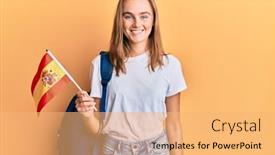  Presentation with student exchange - Amazing PPT theme having beautiful-blonde-woman-exchange-student backdrop and a yellow colored foreground