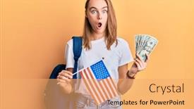  Presentation with student exchange - Slide set consisting of beautiful-blonde-woman-exchange-student background and a yellow colored foreground