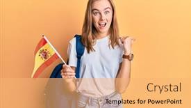  Presentation with student exchange - Colorful PPT theme enhanced with beautiful-blonde-woman-exchange-student backdrop and a yellow colored foreground