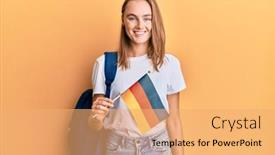  Presentation with student exchange - PPT theme featuring beautiful-blonde-woman-exchange-student background and a coral colored foreground