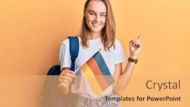  Presentation with student exchange - Presentation theme having beautiful-blonde-woman-exchange-student background and a yellow colored foreground