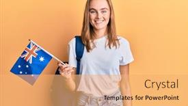  Presentation with student exchange - PPT theme with beautiful-blonde-woman-exchange-student background and a yellow colored foreground
