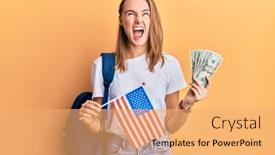  Presentation with student exchange - Theme having beautiful-blonde-woman-exchange-student background and a yellow colored foreground