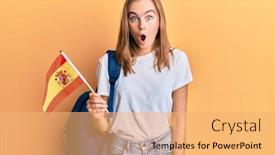  Presentation with student exchange - Slide set consisting of beautiful-blonde-woman-exchange-student background and a yellow colored foreground