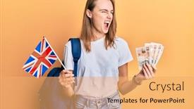  Presentation with student exchange - Beautiful slide deck featuring beautiful-blonde-woman-exchange-student backdrop and a yellow colored foreground