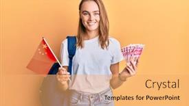  Presentation with student exchange - PPT theme with beautiful-blonde-woman-exchange-student background and a yellow colored foreground