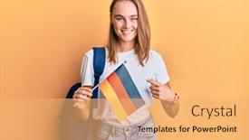  Presentation with student exchange - Colorful slide set enhanced with beautiful-blonde-woman-exchange-student backdrop and a yellow colored foreground