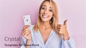  Presentation with poker - PPT layouts having beautiful-blonde-woman-holding-ace background and a lemonade colored foreground