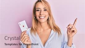  Presentation with poker - Beautiful PPT theme featuring beautiful-blonde-woman-holding-ace backdrop and a coral colored foreground