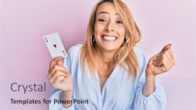  Presentation with poker - Amazing slide set having beautiful-blonde-woman-holding-ace backdrop and a light blue colored foreground