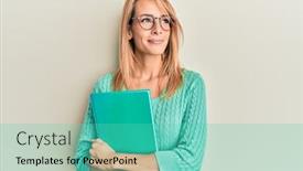  Presentation with book glasses - PPT theme with beautiful-blonde-woman-holding-book background and a teal colored foreground