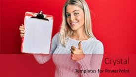  Presentation with space - Theme having beautiful-blonde-woman-holding-clipboard background and a red colored foreground
