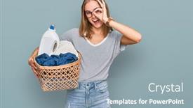  Presentation with laundry detergent - Slide set consisting of beautiful-blonde-woman-holding-laundry background and a light blue colored foreground