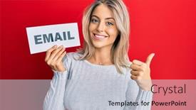  Presentation with email - PPT theme featuring beautiful-blonde-woman-holding-paper background and a lemonade colored foreground