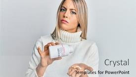  Presentation with pills - Cool new theme with beautiful-blonde-woman-holding-pills backdrop and a light gray colored foreground