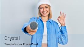  Presentation with microphone - Slide set enhanced with beautiful-blonde-woman-holding-reporter background and a light blue colored foreground