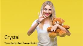  Presentation with blonde holding magnifying glass - Presentation design consisting of beautiful blonde woman holding teddy background and a yellow colored foreground