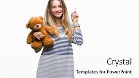  Presentation with blonde holding magnifying glass - PPT theme with beautiful blonde woman holding teddy background and a white colored foreground