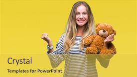  Presentation with teddy bear - Cool new PPT theme with beautiful blonde woman holding teddy backdrop and a yellow colored foreground