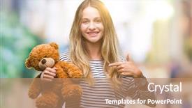 Presentation with teddy bear - Beautiful PPT theme featuring beautiful blonde woman holding teddy backdrop and a coral colored foreground