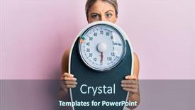  Presentation with weight loss - PPT theme featuring beautiful-blonde-woman-holding-weight background and a ocean colored foreground