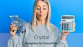  Presentation with calculator - Cool new PPT theme with beautiful-blonde-woman-holding backdrop and a light blue colored foreground